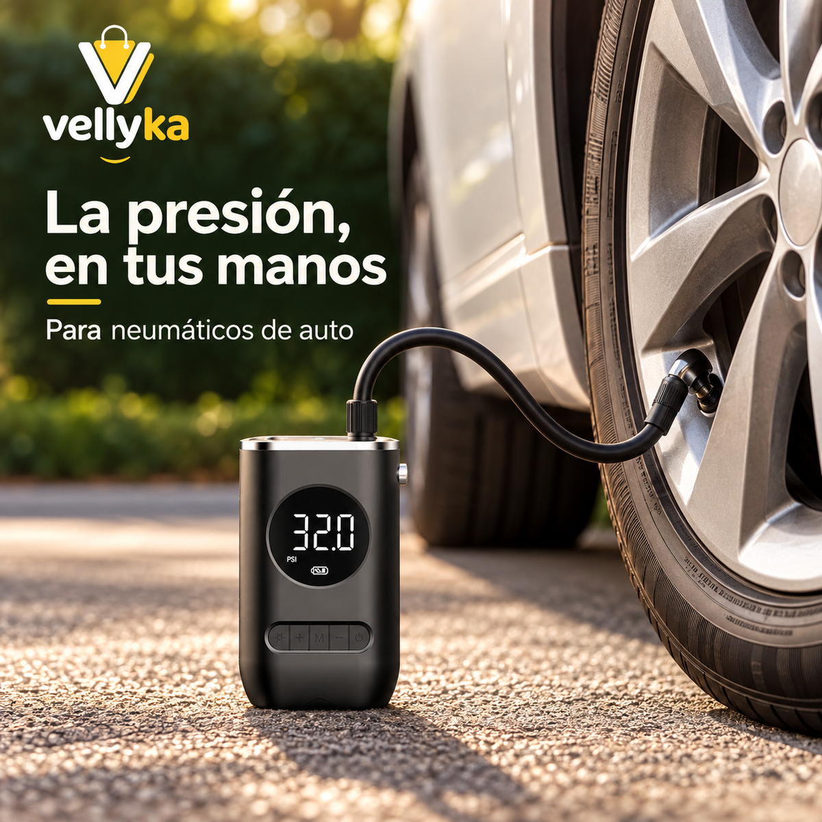 AirGo Vellyka — uso ilustrativo junto a neumático de auto