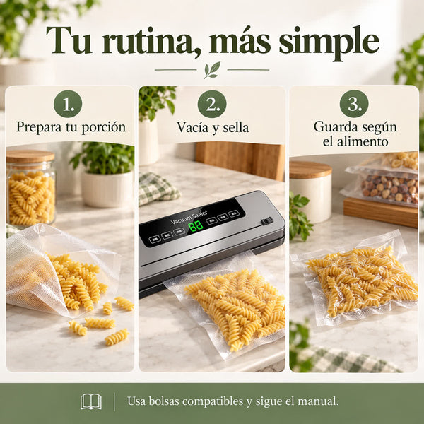 GuardaSello — prepara, vacía y sella, guarda según el alimento; guía ilustrativa