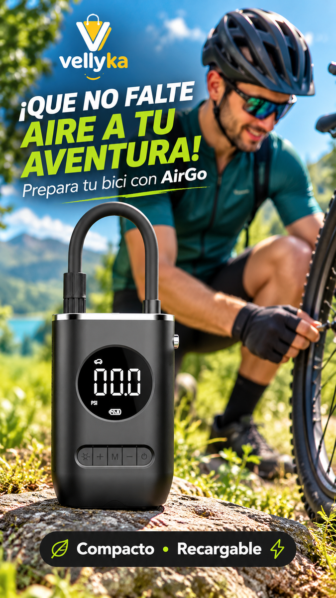 AirGo Vellyka — prepara tu bicicleta antes de salir; escena ilustrativa IA