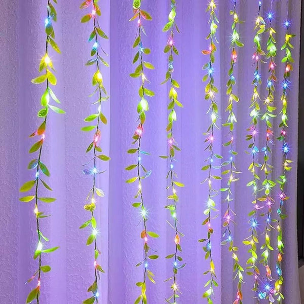 Cortina de Luz Vellyka: detalle de hojas artificiales con iluminación LED multicolor; Dropi 69759