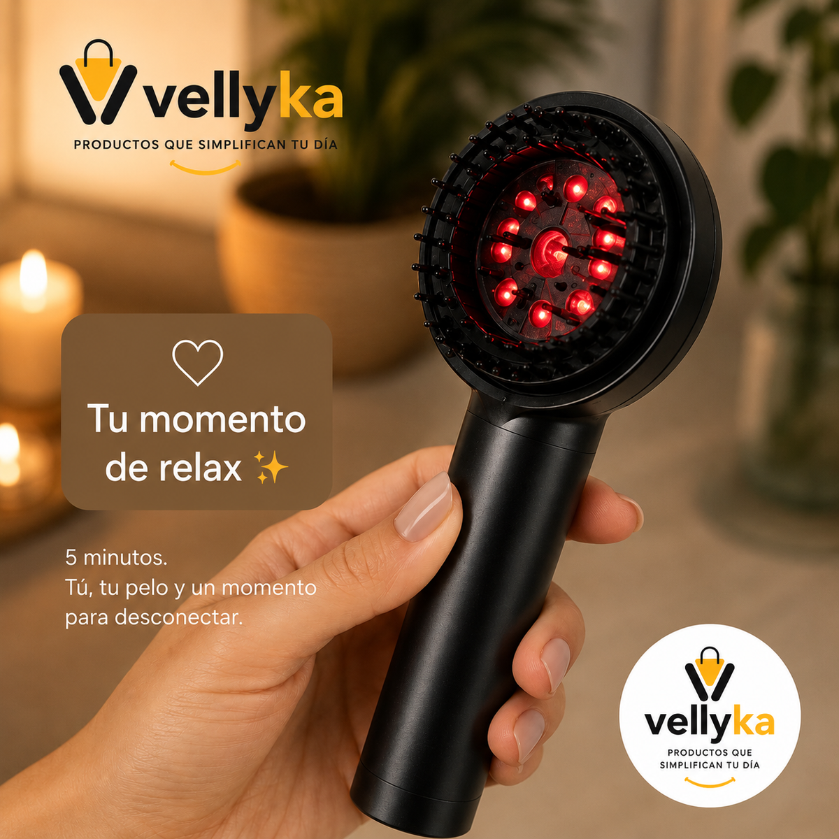 Vellyka Calma — Cepillo Masajeador de Cuero Cabelludo con Luz Roja y Azul · 3-foto