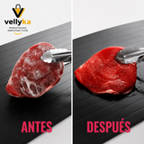 Carne antes y después de apoyarla en la bandeja