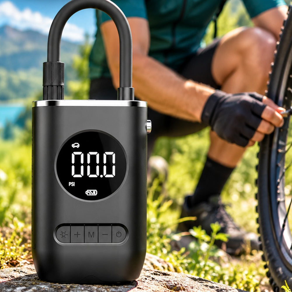 AirGo, inflador portátil junto a una bicicleta